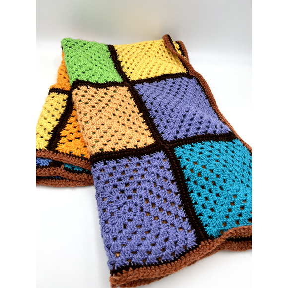 Handmade Afghan Blanket Color 60x40 Blocked Crochet Knit Orange Blue Green - Picture 4 of 14